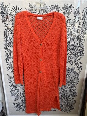 Q2 Orange Open-Knit Long Cardigan with Buttons